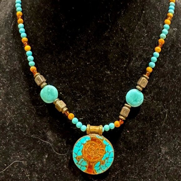 Beautiful Handmade Native American Faux Turquoise with Orgone Stone Pendant 16" - Picture 2 of 9